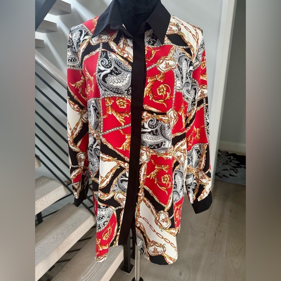 None Tops - New Vibrant Red and Black Paisley Print Blouse size S
